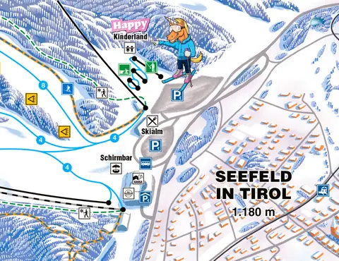 Seefeld – Rosshütte — Seefeld Rosshuette winter panorama (valley/base-area section)